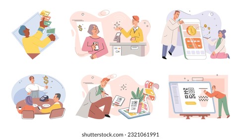 Cashless payment. Vector illustration. Contactless payment systems are widely accepted at restaurants, stores, and public transportation NFC-enabled devices cbe used to store loyalty cards