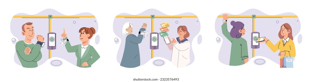 Cashless payment. Vector illustration. Contactless payment and touchless technology provide convenient and safer ways to make transactions NFC chip technology enables secure and efficient contactless