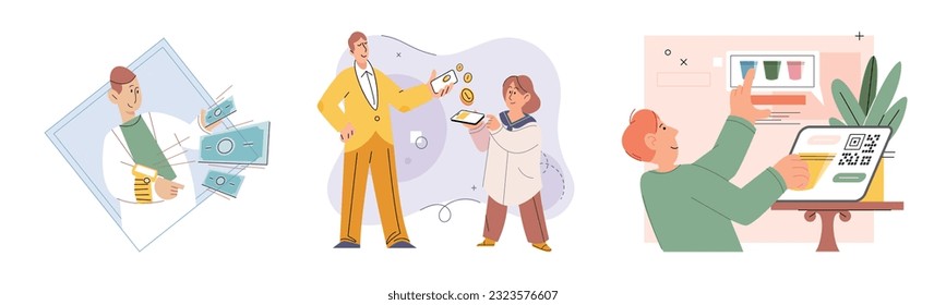 Pago sin costo. Ilustración vectorial. Los sistemas de pago sin contacto son ampliamente aceptados en restaurantes, tiendas y medios de transporte público Los equipos habilitados para NFC pueden ser usados para almacenar tarjetas de fidelización