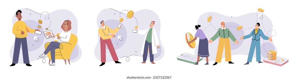 Cashless payment. Vector illustration. Contactless payments are commonly used for small everyday purchases like groceries or coffee NFC technology allows for seamless communication between devices