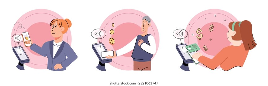 Cashless payment. Vector illustration. Mobile cashless options make it easy to pay on go using your smartphone Online and mobile payments offer convenience and flexibility for making transactions