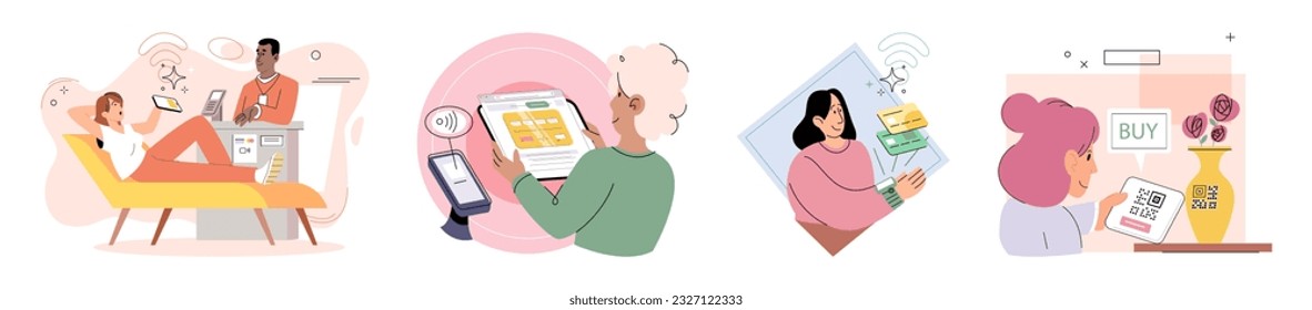 Pago sin costo. Ilustración vectorial. Con pagos móviles sin efectivo, usted paga por compras sin necesidad de efectivo físico Los pagos sin contacto se usan comúnmente para pequeñas compras diarias