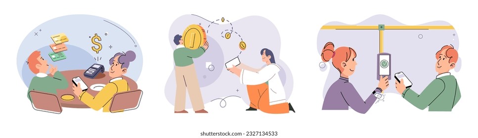 Cashless payment. Vector illustration. Mobile banking apps often include features for making cashless transactions Online payment gateways enable secure and hassle-free digital payments NFC-enabled