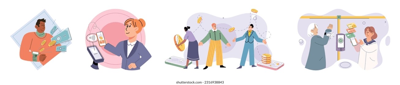 Cashless payment. Vector illustration. NFC-enabled devices calso be used for other applications like access control or ticketing Cashless transactions are traceable, which chelp in tracking expenses
