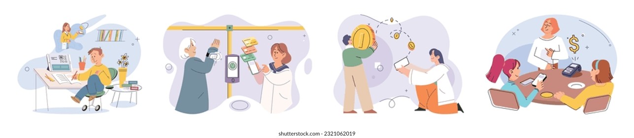 Cashless payment. Vector illustration. Online shopping platforms often offer various cashless payment options to choose from With mobile cashless payments, you cpay for purchases
