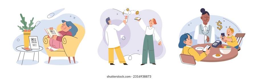 Pago sin costo. Ilustración vectorial. Los pagos sin efectivo ayudan a agilizar el proceso de pago y reducir los tiempos de espera. Las billeteras móviles están protegidas por funciones de seguridad como huellas digitales o faciales