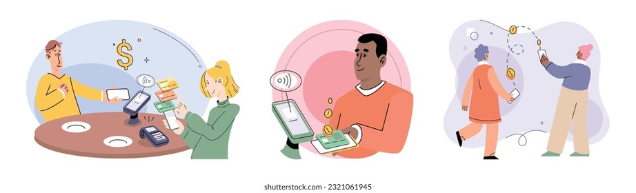 Cashless payment. Vector illustration. Cashless payments help streamline payment process and reduce waiting times Mobile wallets are protected by security features like fingerprint or facial