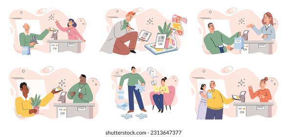Pago sin costo. Ilustración vectorial. La sencillez y la velocidad de los pagos sin contacto los hacen populares entre los consumidores ocupados Los sistemas de pago inalámbricos utilizan la tecnología de cifrado para garantizar la seguridad