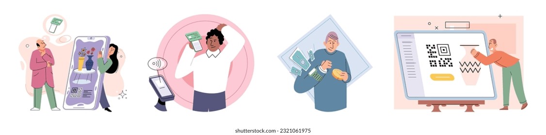 Cashless payment. Vector illustration. A cashless society is becoming more feasible with advancements in payment technology Many retailers now accept contactless payments for faster checkout process