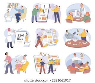 Cashless payment. Vector illustration. Touchless payment options help minimize physical contact and reduce spread of germs NFC-enabled devices cbe used for contactless payments at compatible terminals