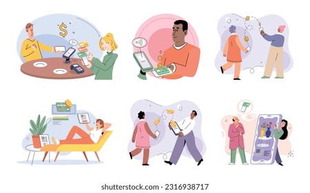 Cashless payment. Vector illustration. Cashless transactions are traceable, which chelp in tracking expenses and budgeting The simplicity and speed of contactless payments make them popular among busy
