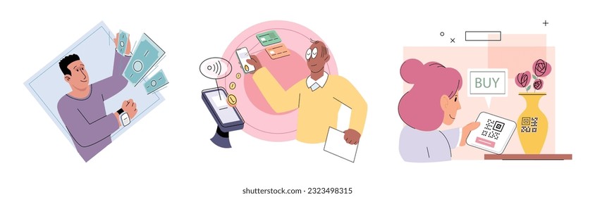 Cashless payment. Vector illustration. Cashless transactions contribute to reducing risk of theft or loss associated with carrying cash Mobile wallets cstore multiple payment methods for added