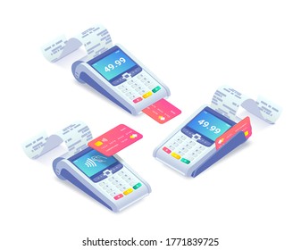 Cashless payment via credit card isometric concept set. 3d payment machine printing check with plastic debit card isolated on white. Success NFC payment transaction. Vector illustration.