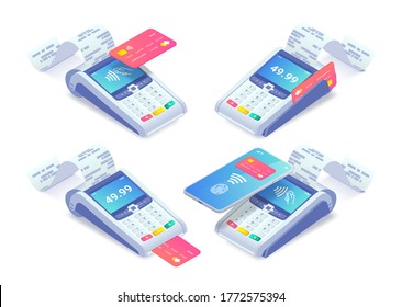 Cashless payment via credit card and smartphone isometric concept set. 3d payment machine printing check with plastic debit card, mobile phone. Success NFC payment transaction. Vector illustration.