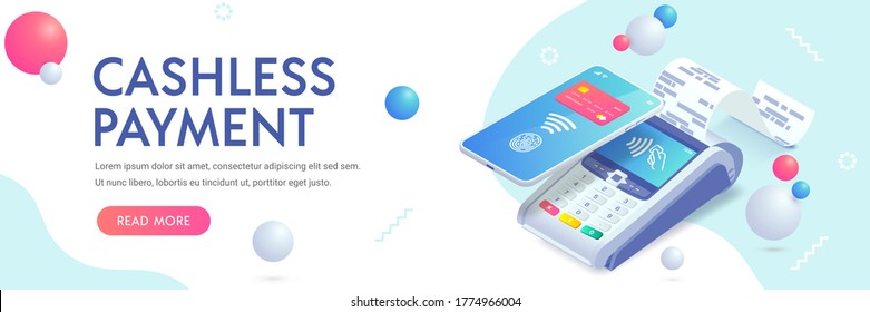 Cashless payment via smartphone isometric abstract banner concept. 3d payment machine, mobile phone with credit card, fingerprint. Success Contactless NFC payment transaction. Vector illustration.