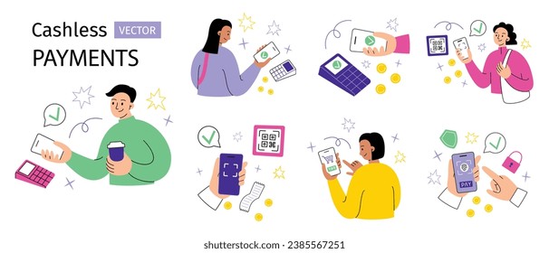 Cashless payments compositions, people use smartphone to pay, cartoon characters hand drawn collection, coins doodle icons, vector illustration of contactless nfc payment, isolated colored clipart