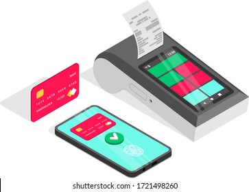 Cashless Payments isometrisches Konzept. 3d kontaktlose Zahlung per Smartphone, Kreditkarte, Smartterminal mit Online-Bargeldschalter. Mobile Transaktion erfolgreich abschließen. Vektorgrafik für App, Design, Web und Werbung