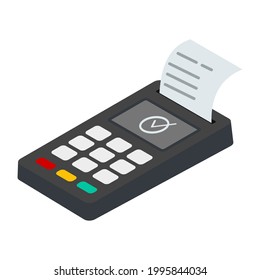 Cashless payments. Terminal in isometric view. Contactless payment via smartphone. Success. vector illustration