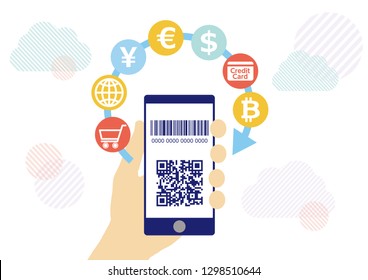 Cashless settlement with QR code and hand holding smartphone - White cloud network flat design illustration