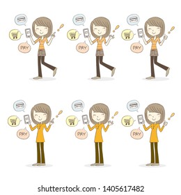 Cashless and Smartphone payment image, a woman holding a smartphone, set of poses