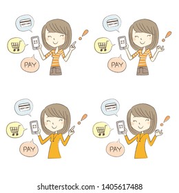 Cashless and Smartphone payment image, a woman holding a smartphone, set of poses