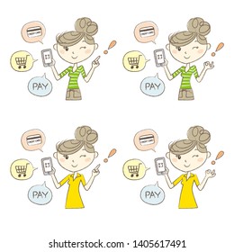 Cashless and Smartphone payment image, a woman holding a smartphone, set of poses