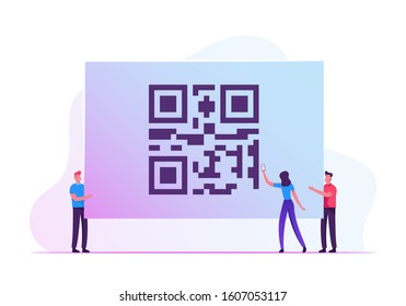 Cashless Society Concept. Woman Hold Smartphone in Hand Scanning Huge Store Qr Code to Check Prices, Receive Promotions and Discounts. Mobile Application for Shopping. Cartoon Flat Vector Illustration