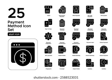 Cashless Society and Contactless Payment. Mobile Transactions, Online Shopping, and Banking. Vector Illustration. Glyph solid icon set