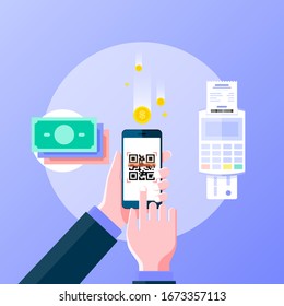 Cashless Society flaches Design-Banner für Webseiten. Handhalten Smartphone Zahlung per Scans QR-Code, bargeldlose Zahlung, Online-Zahlung und Online-Shopping Konzept. Vektorillustration.