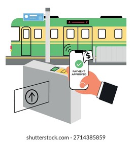 bargeldlose U-Bahn-Bezahlung Vektor Handy Tippen am Bahnhof Gate Illustration