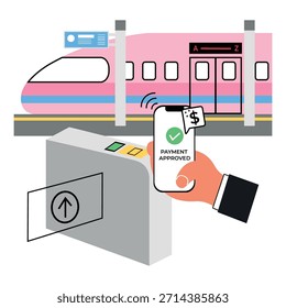 bargeldlose U-Bahn-Bezahlung Vektor Handy Tippen am Bahnhof Gate Illustration
