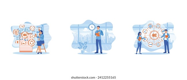 Cashless technology concept.  Digital business.  Using a digital tablet in a modern office. set flat vector illustration.
