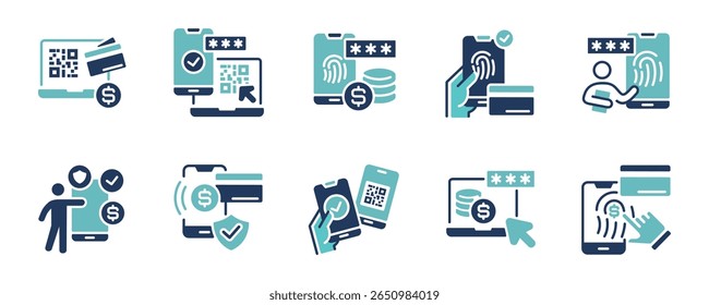 cashless transaction secure payment icon set online purchase mobile transfer protection security code signs vector illustration finance fingerprint success transfer symbol design