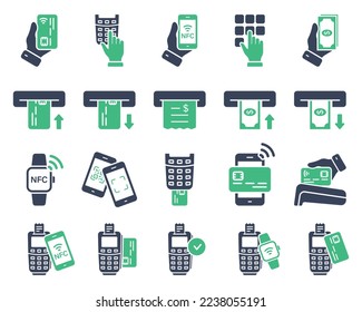 Cashless Wireless Pay Transaction by NFC Technology Piktogram Set. kontaktlose Zahlung per Handy, Kreditkarte auf POS Silhouette Symbol. ATM-Abziehsymbol. Einzelne Vektorgrafik.