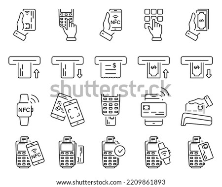 Cashless Wireless Pay Transaction by NFC Technology Line Icon Set. Contactless Payment by Mobile Phone, Credit Card on POS. ATM Money Withdraw Icon. Editable Stroke. Isolated Vector Illustration.