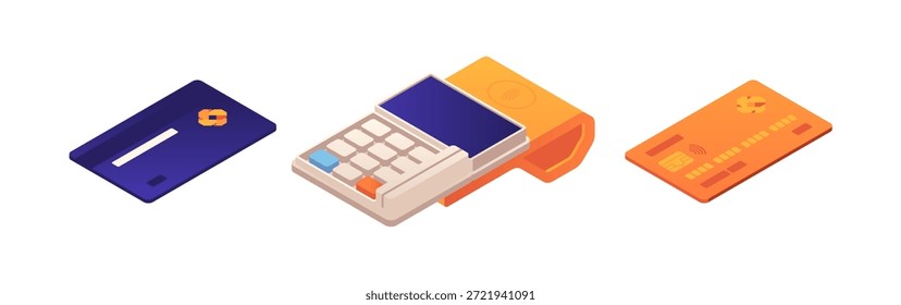 Sistema sin efectivo e inalámbrico de banca, pagos y transacciones. Terminales isométricos de Vector con función NFC, dispositivo que realiza cheques y facturas para clientes. Banca digital y venta minorista inteligente