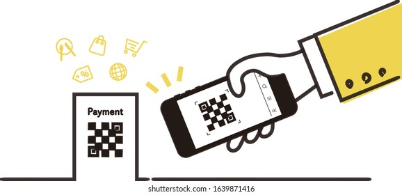 cashless,qr code payment image, holding smartphone,white isolated