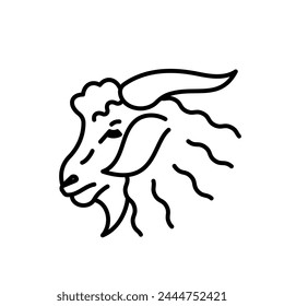 Cashmere goat, line icon. Head of domestic goat, side view. Cashmere wool, fiber, knitting, needlework. Linear illustration, simple icon, editable strokes