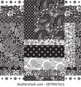 Cashmere paisley bandana fabric patchwork abstract vector seamless pattern wallpaper