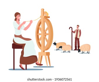 Cashmere Producing Concept. Woman Spinning Wool on Wheel, Shepherd Grazing Mountain Goats, Wool Ecological Textile Production, Vintage Equipment for Making Fabric. Cartoon People Vector Illustration