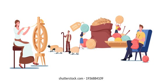 Cashmere Producing Concept. Woman Spinning Wool on Wheel, Shepherd Grazing Goats, Man Knitting Clothing, Tiny Characters near Huge Sack with Raw Wool and Clews. Cartoon People Vector Illustration