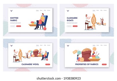 Cashmere Producing Landing Page Template Set. Woman Spinning Wool on Wheel, Shepherd Grazing Goats, Man Knitting Cloth, Tiny Characters near Huge Sack with Raw Wool. Cartoon People Vector Illustration