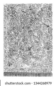 Cashmere Shawl is weaved in a Jacquard loom using the very finest cashmere yarn and featuring a birds to eye weave it is adding to its intense texture vintage line drawing or engraving illustration.