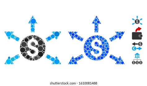 Cashout composition of spheric dots in various sizes and color tones, based on cashout icon. Vector round elements are composed into blue composition. Dotted cashout icon in usual and blue versions.