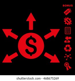 Cashout icon with bonus pictograms. Vector illustration style is flat iconic symbols, red color, black background, rounded angles.