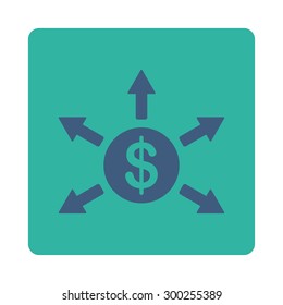Cashout icon. This flat rounded square button uses cobalt and cyan colors and isolated on a white background.