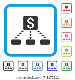 Cashout Scheme icon. Flat gray pictogram symbol in a light blue rounded squared frame. Black, gray, green, blue, red, orange color versions of Cashout Scheme vector.