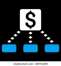 Cashout Scheme vector toolbar icon. Style is bicolor flat icon symbol, blue and white colors, black background, rhombus dots.