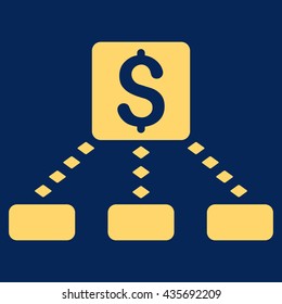 Cashout Scheme vector toolbar icon. Style is flat icon symbol, yellow color, blue background, rhombus dots.