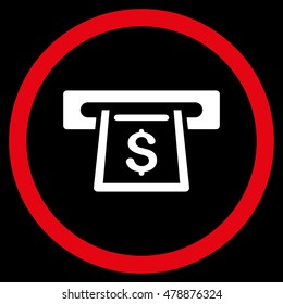 Cashout Slot vector bicolor rounded icon. Image style is a flat icon symbol inside a circle, red and white colors, black background.